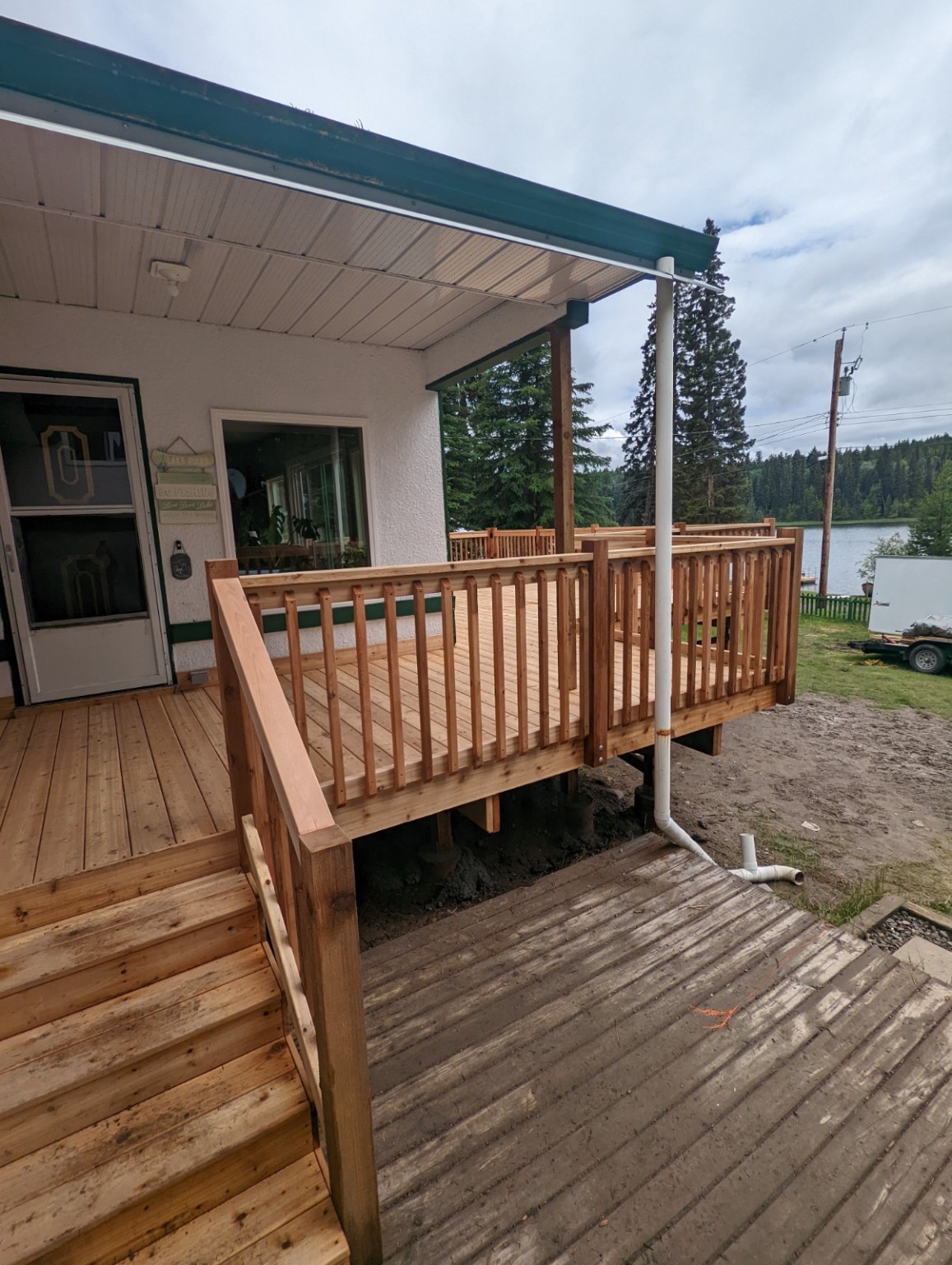 Stairs and railing on the completed lakefront deck
